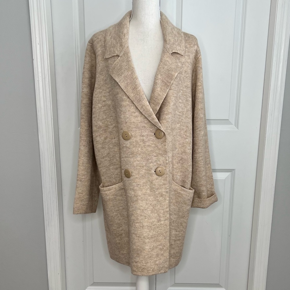 Tahari Beige Long Knit Sweater Coat Wool Blend 2X Cardigan Double Breasted NEW
